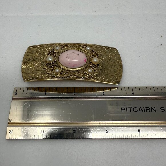 Vintage Gold-Tone Hair Barrette Clip Pink Stone & Faux Pearls Made In France
